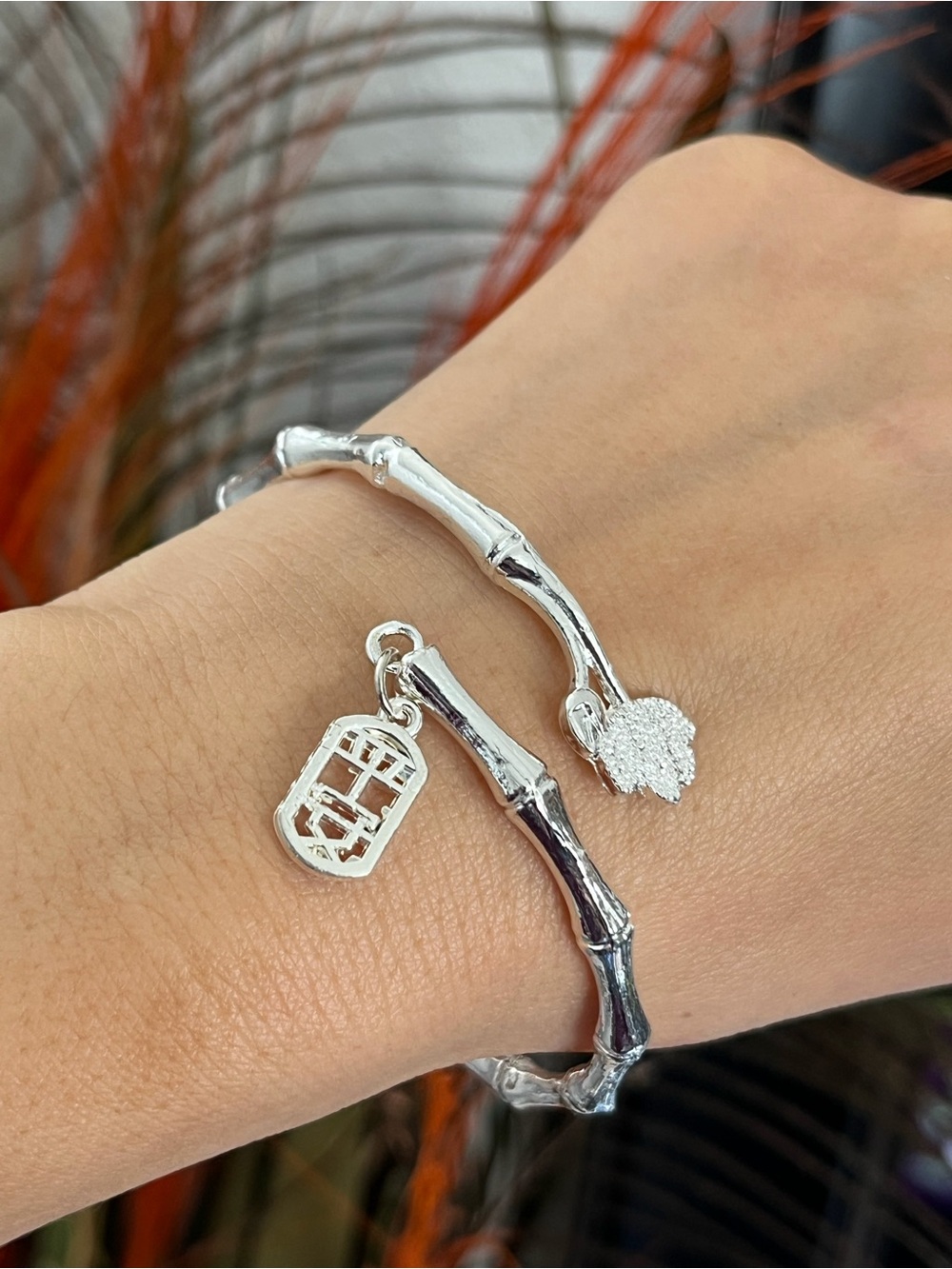 S925 Silver bamboo and leaves with safe tag cuff Bracelet for women girls